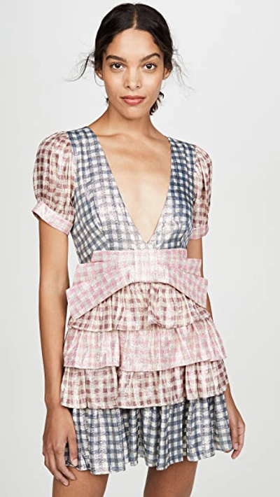 Lucinda Two-tone Gingham V-neck Silk Metallic A-line Dress In Multi