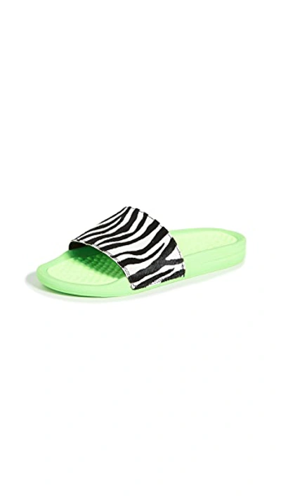 Shop Apl Athletic Propulsion Labs Iconic Calf Hair Slides In Neon Green/zebra