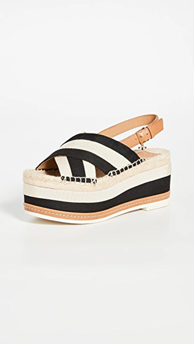 Shop Tory Burch Grosgrain Platform Espadrille Sandals In Cream/perfect Black