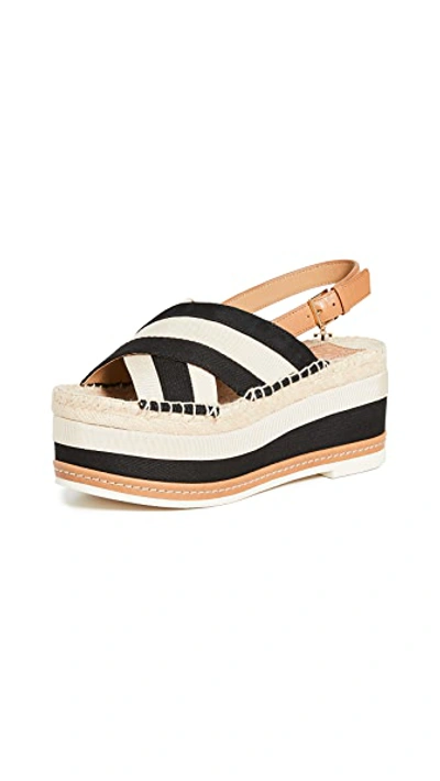 Shop Tory Burch Grosgrain Platform Espadrille Sandals In Cream/perfect Black