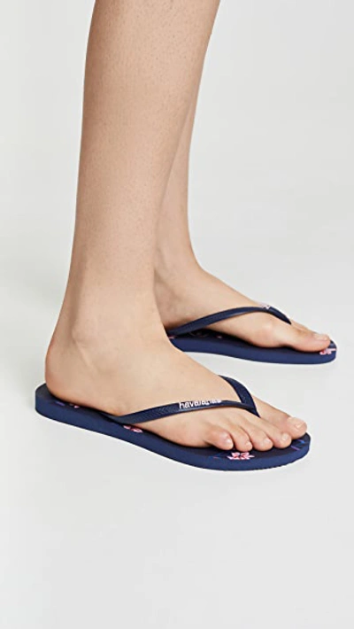 Shop Havaianas Slim Floral Flip Flop In Navy Blue