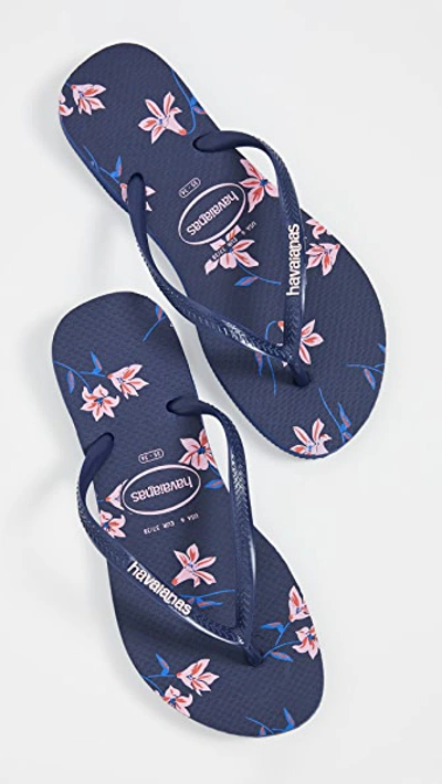 Shop Havaianas Slim Floral Flip Flop In Navy Blue