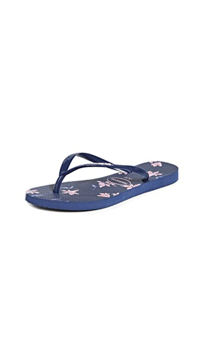 Shop Havaianas Slim Floral Flip Flop In Navy Blue