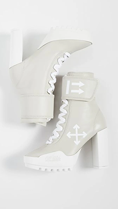 Shop Off-white Arrow Heeled Moto Wrap Boots In Ice/grey/white