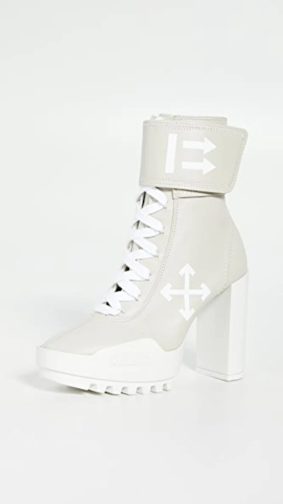 Shop Off-white Arrow Heeled Moto Wrap Boots In Ice/grey/white