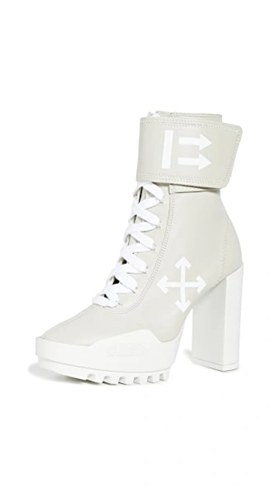 Shop Off-white Arrow Heeled Moto Wrap Boots In Ice/grey/white