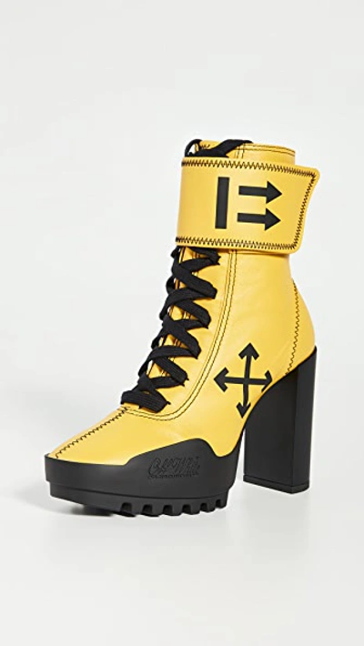 Shop Off-white Arrow Heeled Moto Wrap Boots In Yellow/black