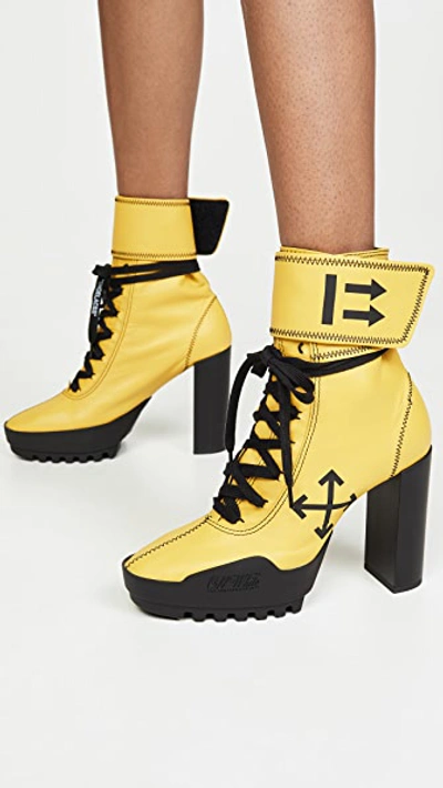 Shop Off-white Arrow Heeled Moto Wrap Boots In Yellow/black