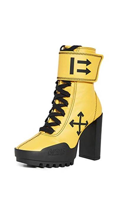 Shop Off-white Arrow Heeled Moto Wrap Boots In Yellow/black