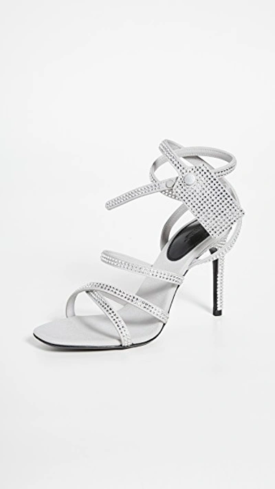 Shop Off-white Crystal Satin Zip Tie Sandals