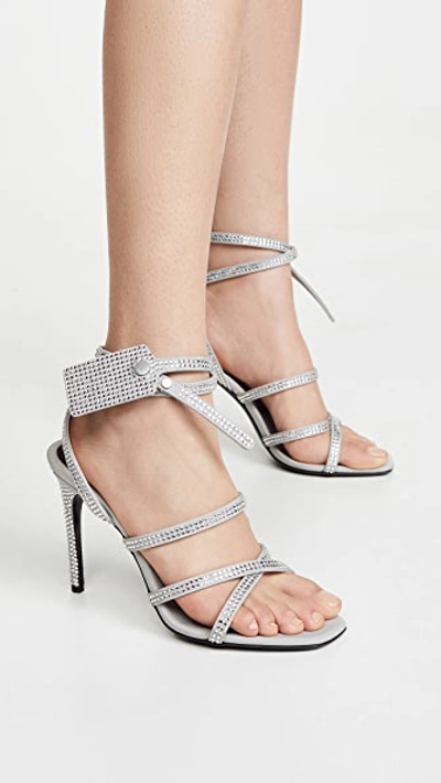 Off-white Crystal Satin Zip Tie Sandals In Metallic Leather In Grey |  ModeSens