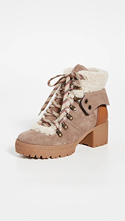Shop See By Chloé Eileen Mid Shearling Hiker Boots In Taupe/natural