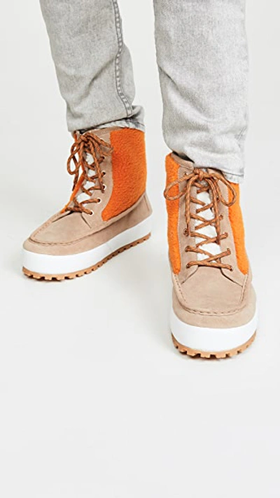 Shop Tory Sport Mocassin Boots In Light Taupe/tory Orange