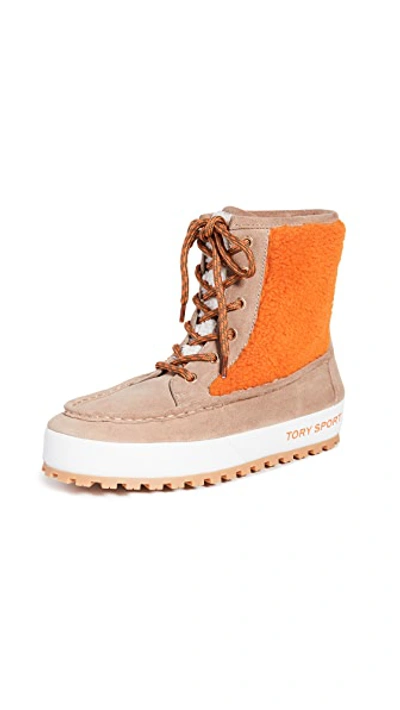 Shop Tory Sport Mocassin Boots In Light Taupe/tory Orange