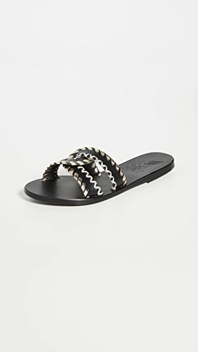 Shop Ancient Greek Sandals Desmos Stitch Slides In Black/platinum