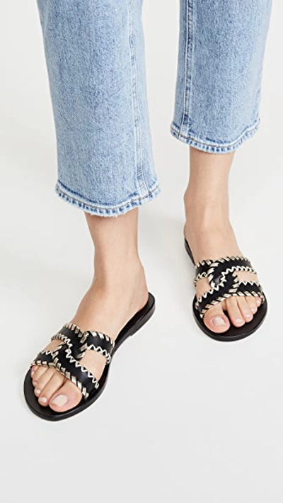 Shop Ancient Greek Sandals Desmos Stitch Slides In Black/platinum