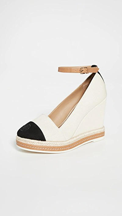 Shop Tory Burch Colorblock Wedge Espadrilles 105mm In Cream/perfect Black/desert Cam