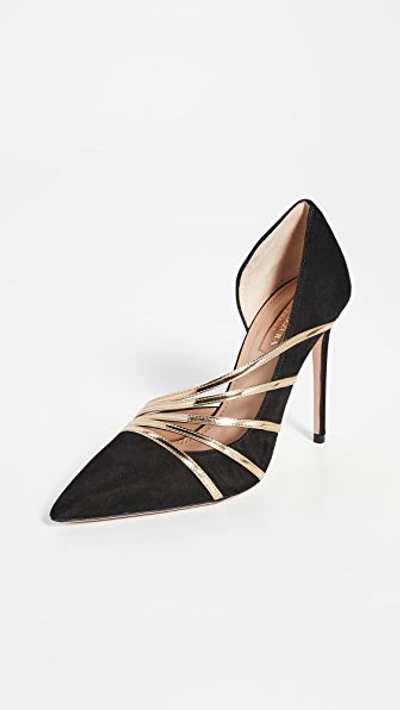 Shop Aquazzura 105mm Minou Pumps In Black/soft Gold