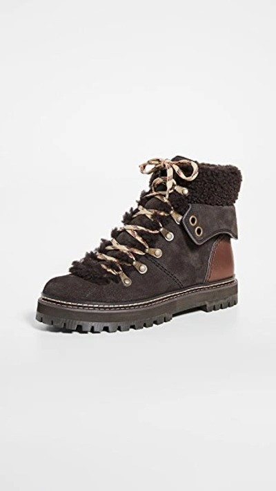 Shop See By Chloé Eileen Flat Shearling Hiker Boots In Grafite/natural
