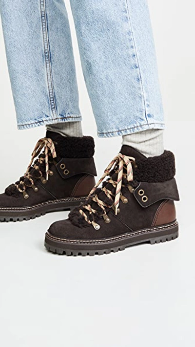 Shop See By Chloé Eileen Flat Shearling Hiker Boots In Grafite/natural