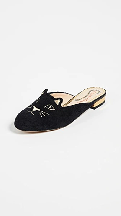 Shop Charlotte Olympia Kitty Slippers In Black/gold