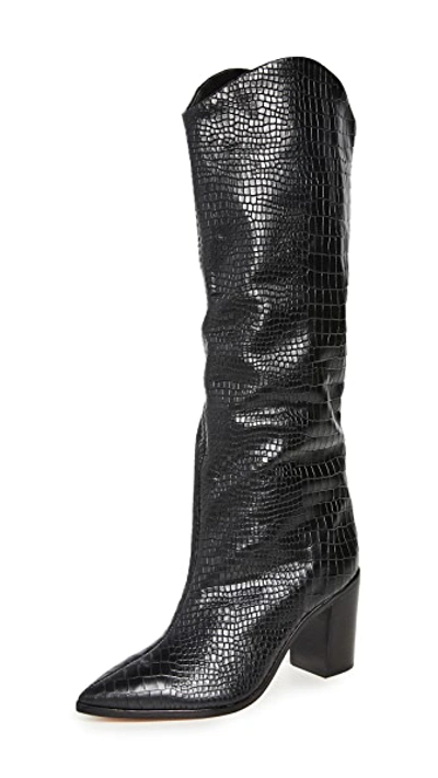 Schutz Women's Maryana Croc-embossed Block Heel Pointed-toe Tall Boots In Black