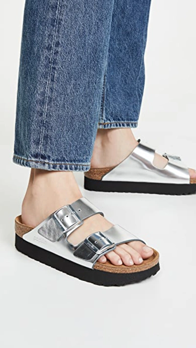 Shop Birkenstock Arizona Platform Sandals - Narrow In Metallic Silver