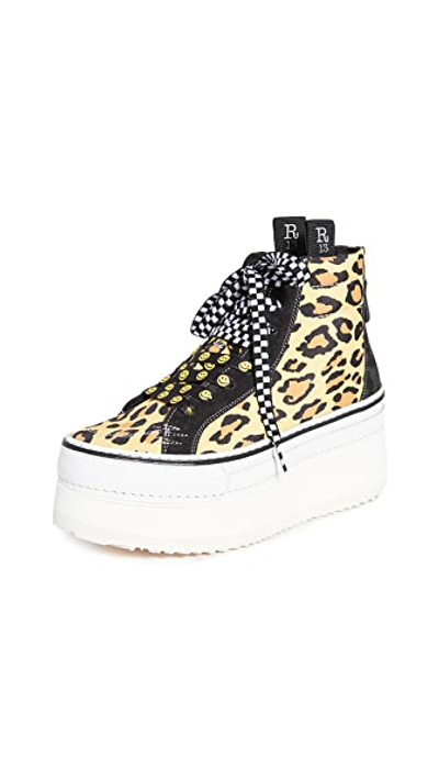 Shop R13 High Top Skate Platform Sneakers In Yellow Leopard