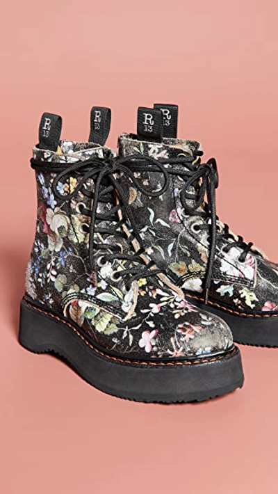 Shop R13 Single Stacked Lace Up Boots In Cracked Wk6 Floral