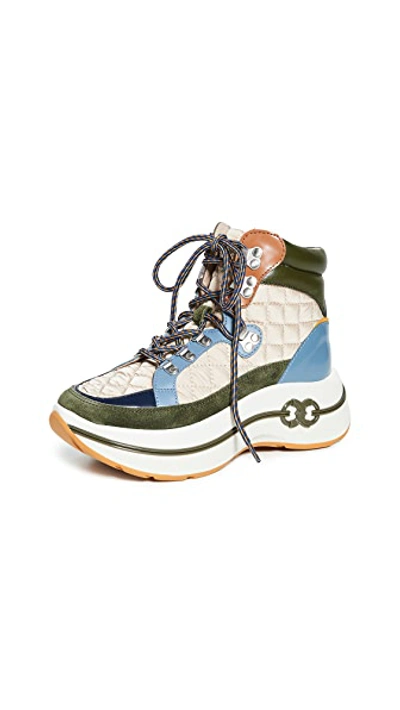 Shop Tory Burch Gemini Link Platform Hiking Boots In Green/navy/taupe