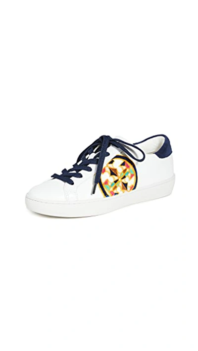 Shop Tory Burch T-logo Fil Coupe Sneakers In White/royal Navy/multi