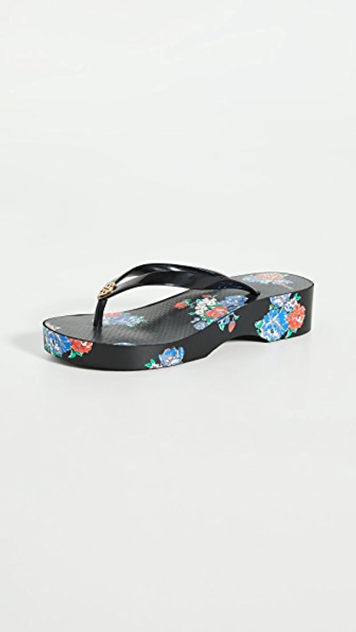 Shop Tory Burch Cut-out Wedge Flip Flops In Black/tea Rose