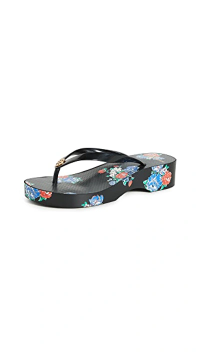 Shop Tory Burch Cut-out Wedge Flip Flops In Black/tea Rose