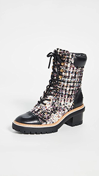 Shop Tory Burch Miller 60mm Lug Sole Booties In Striped Tweed/perfect Black
