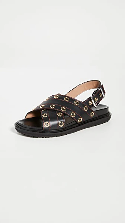 Shop Marni Crisscross Grommet Sandals In Black