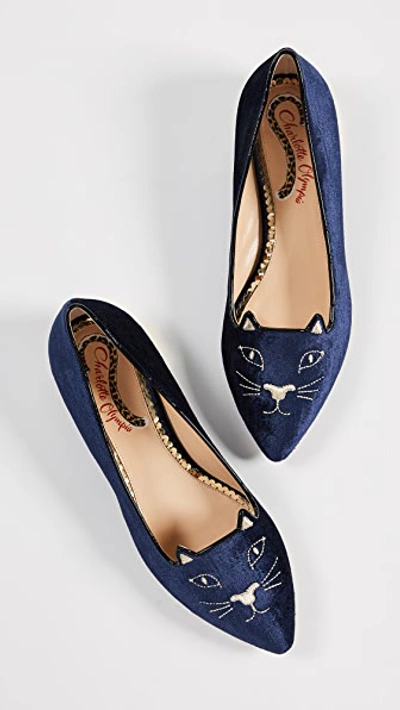 Shop Charlotte Olympia Mid Century Kitty Flats In Navy/gold
