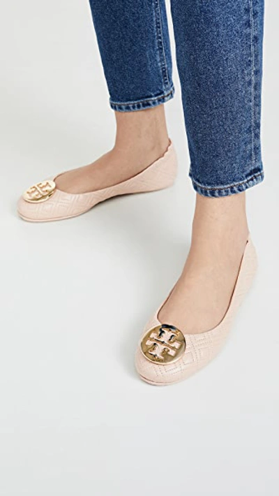 Shop Tory Burch Quilted Minnie Flats In Goan Sand/gold