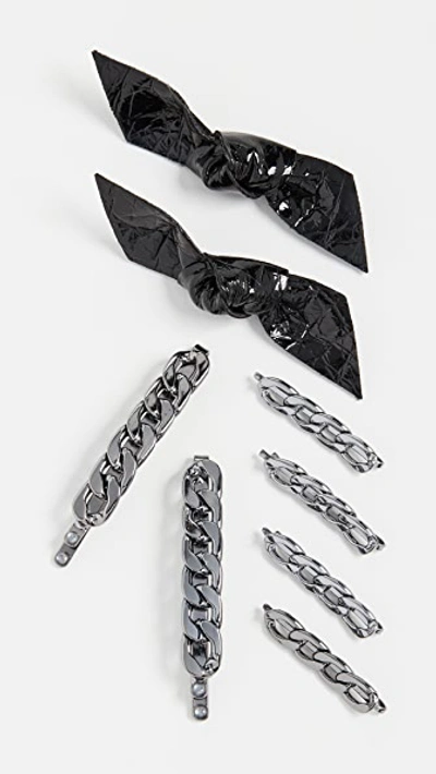 Shop Kitsch X Justine Marjan 8 Pc Chain And Bow Bobby Pin Set In Black/silver