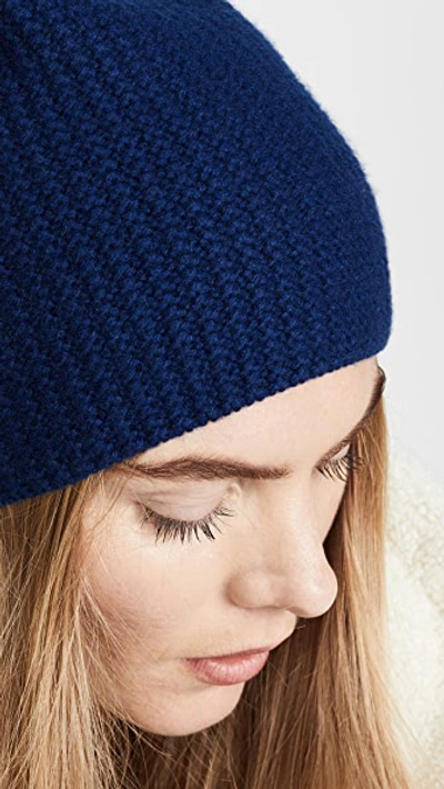 Shop Carolina Amato Waffle Cashmere Knit Beanie Hat In Midnight Blue