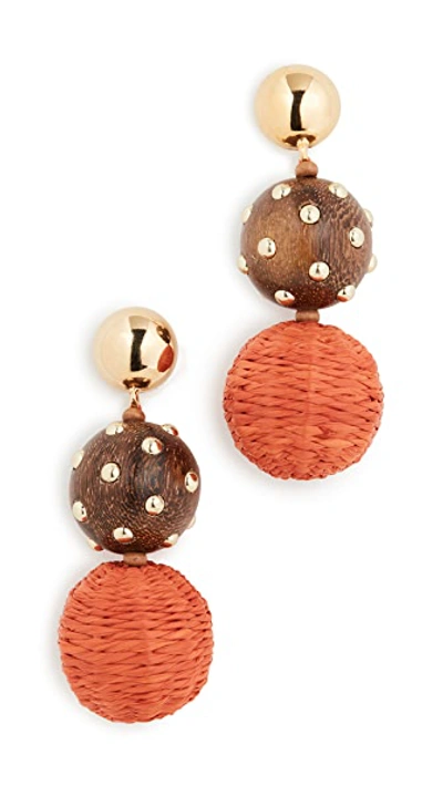 Shop Oscar De La Renta Raffia & Wood Ball Earrings In Burnt Orange