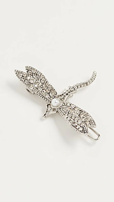 Shop Oscar De La Renta Pave And Imitation Pearl Dragonfly Barrette In Antique Silver