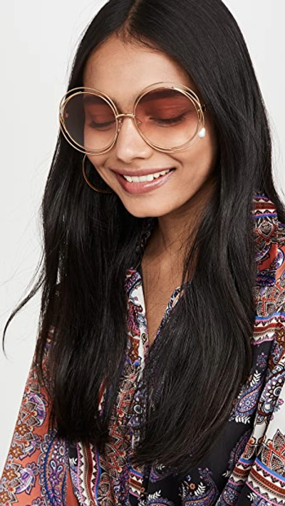 Shop Chloé Carolina Imitation Pearl Sunglasses In Gold Gradient Peach