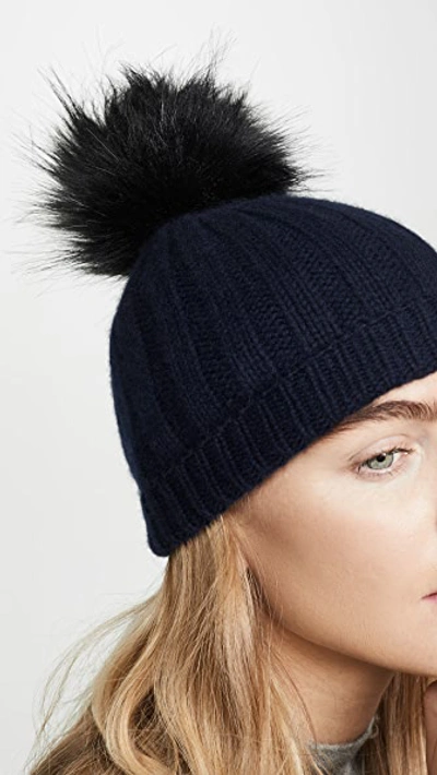 Shop White + Warren Wide Rib Cashmere Beanie With Pom Pom In Deep Navy/black