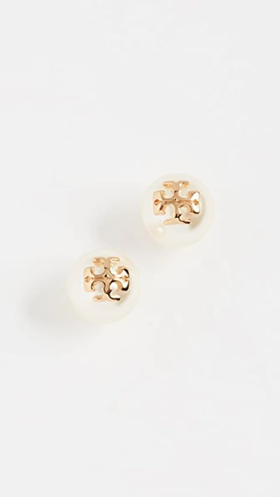 Shop Tory Burch Swarovski Imitation Pearl Stud Earrings In Ivory/shiny Gold