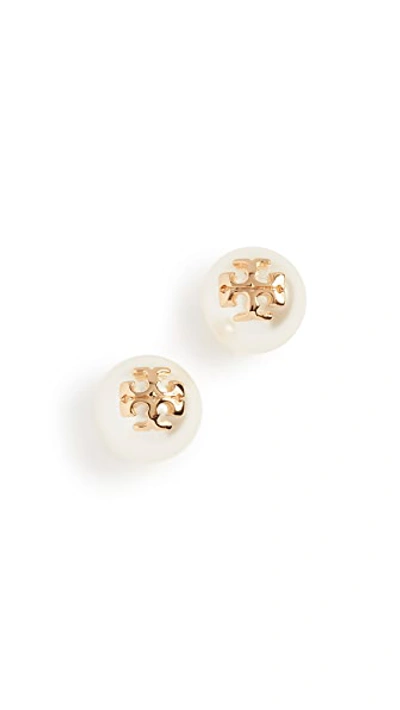 Shop Tory Burch Swarovski Imitation Pearl Stud Earrings In Ivory/shiny Gold