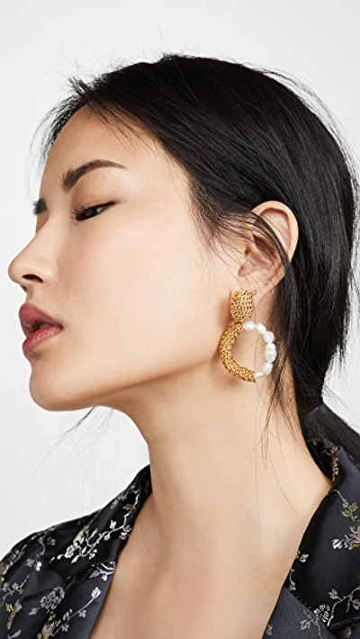 Shop Oscar De La Renta Chain & Imitation Pearl Hoop Earrings In Gold