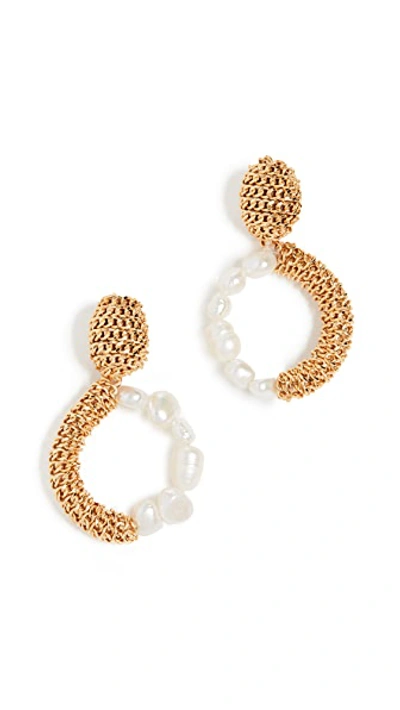 Shop Oscar De La Renta Chain & Imitation Pearl Hoop Earrings In Gold