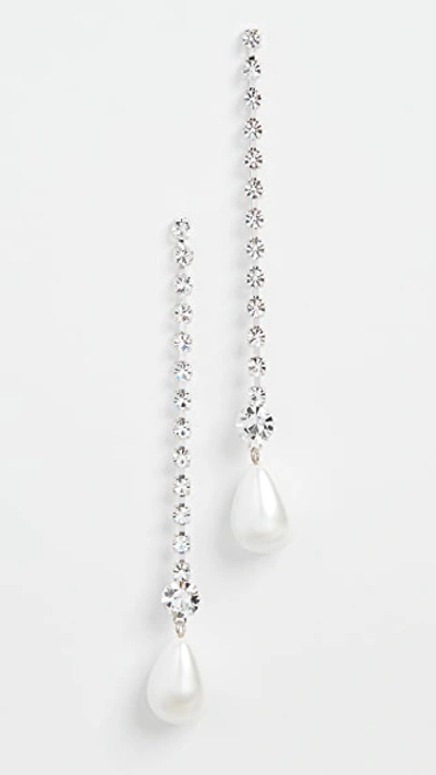 Shop Kenneth Jay Lane Linear Crystal Imitation Pearl Drop Earrings In Silver/pearl