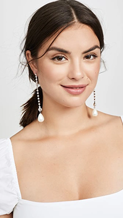 Shop Kenneth Jay Lane Linear Crystal Imitation Pearl Drop Earrings In Silver/pearl