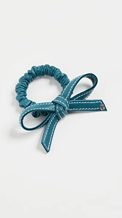Shop Alexandre De Paris Leather Elastic Bow Hair Tie In Blue